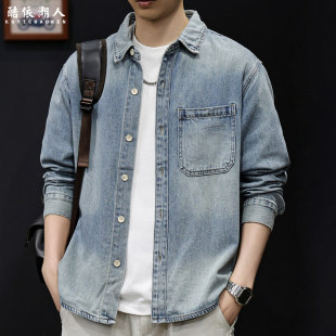 做旧水洗牛仔衬衫 宽松大码 男士 2026新款 休闲高级衬衣 外套春季 美式
