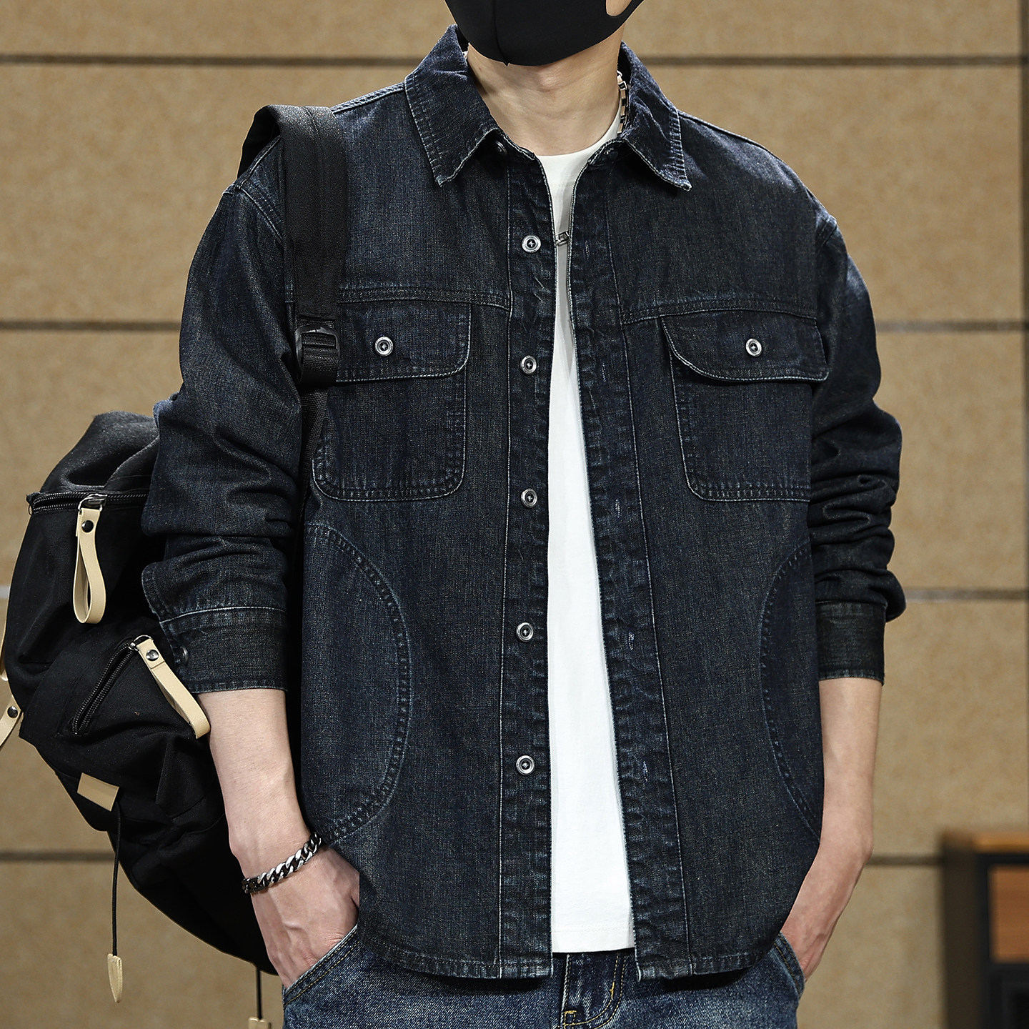 美式复古水洗蓝色牛仔衬衫外套男士春秋款宽松休闲衬衣男工装夹克