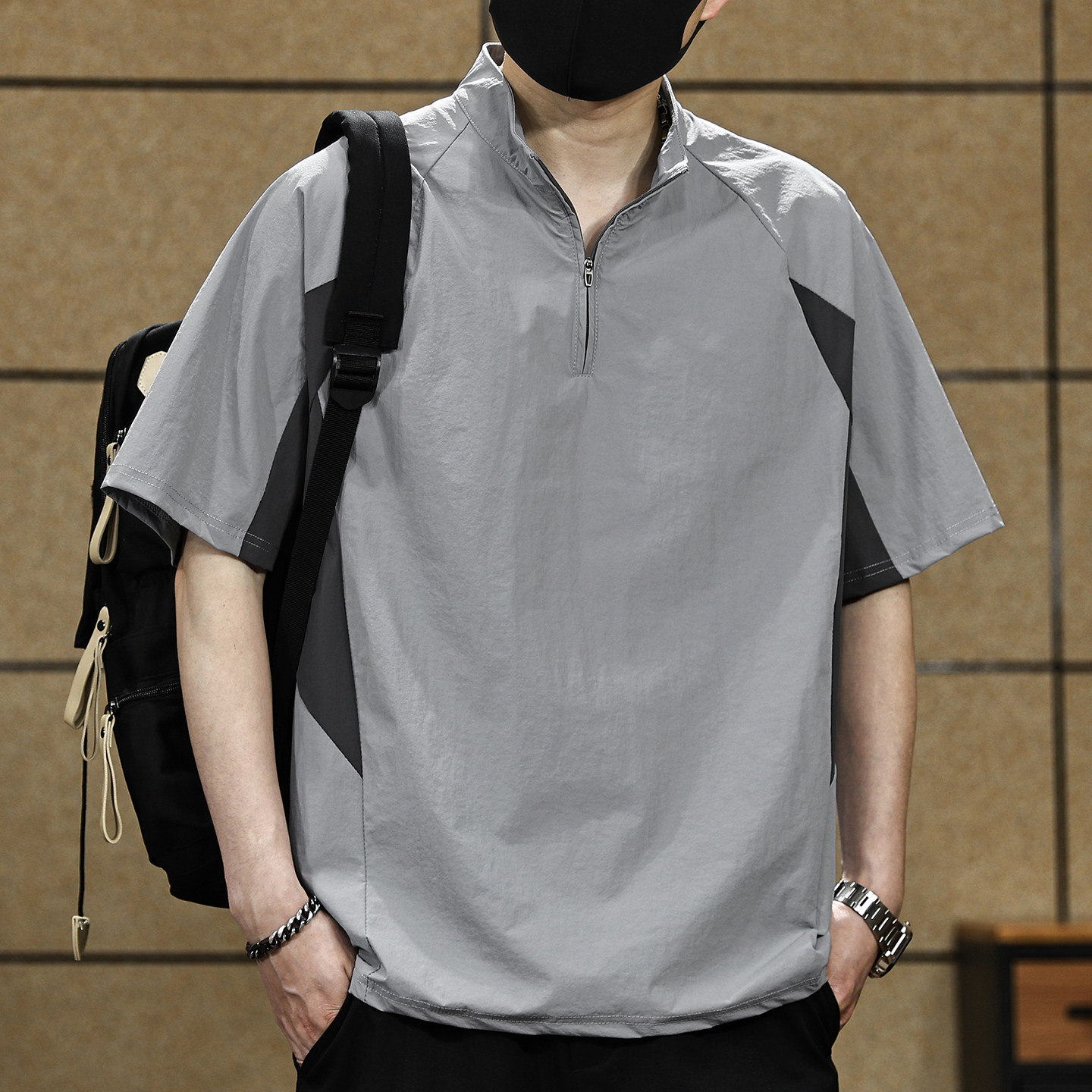 美式户外休闲半拉链短袖T恤夏季薄款立领宽松拼色Polo衫男款上衣