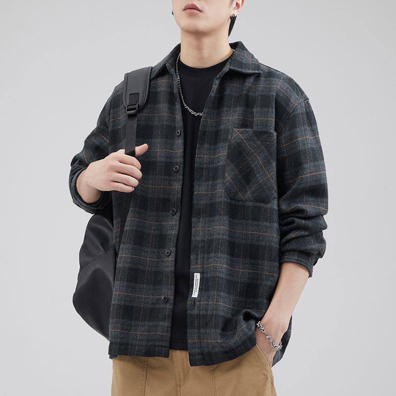 春秋高级感痞帅格子长袖衬衫男大码休闲衬衣男士加肥加大夹克外套
