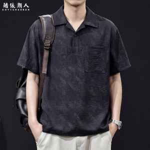 轻奢古巴领短袖T恤男夏季薄款宽松大码2026新款科技凉感亚麻体恤