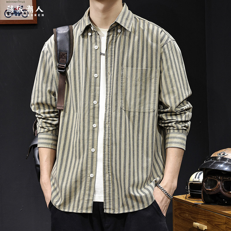 条纹长袖衬衫男士秋季2025新款美式休闲高端纯棉潮牌大码外套春秋
