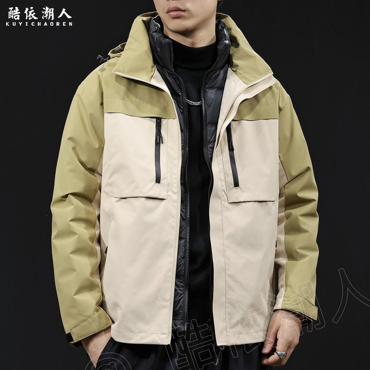 户外机能风连帽羽绒服男三合一撞色防水加厚款外套
