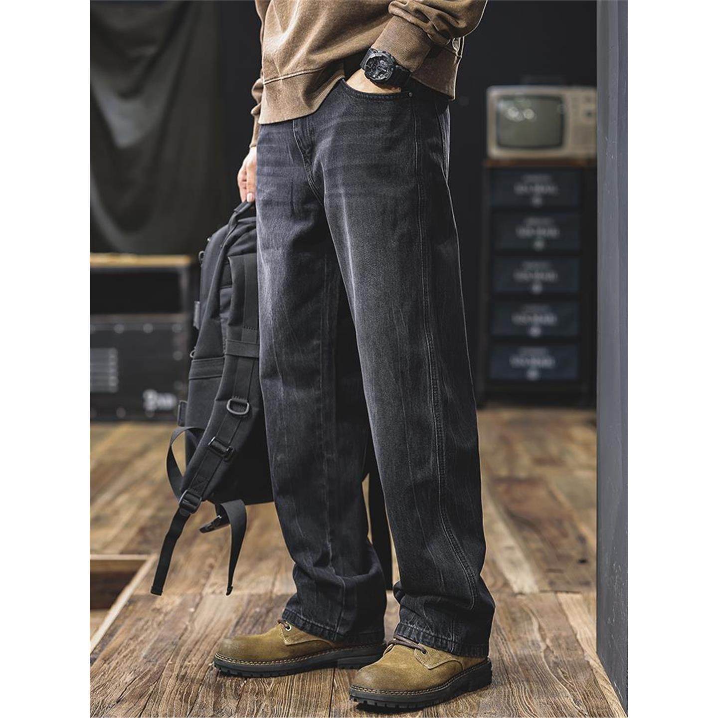 重磅高端复古水洗黑色直筒牛仔裤男士春季宽松大码裤子长裤2026新