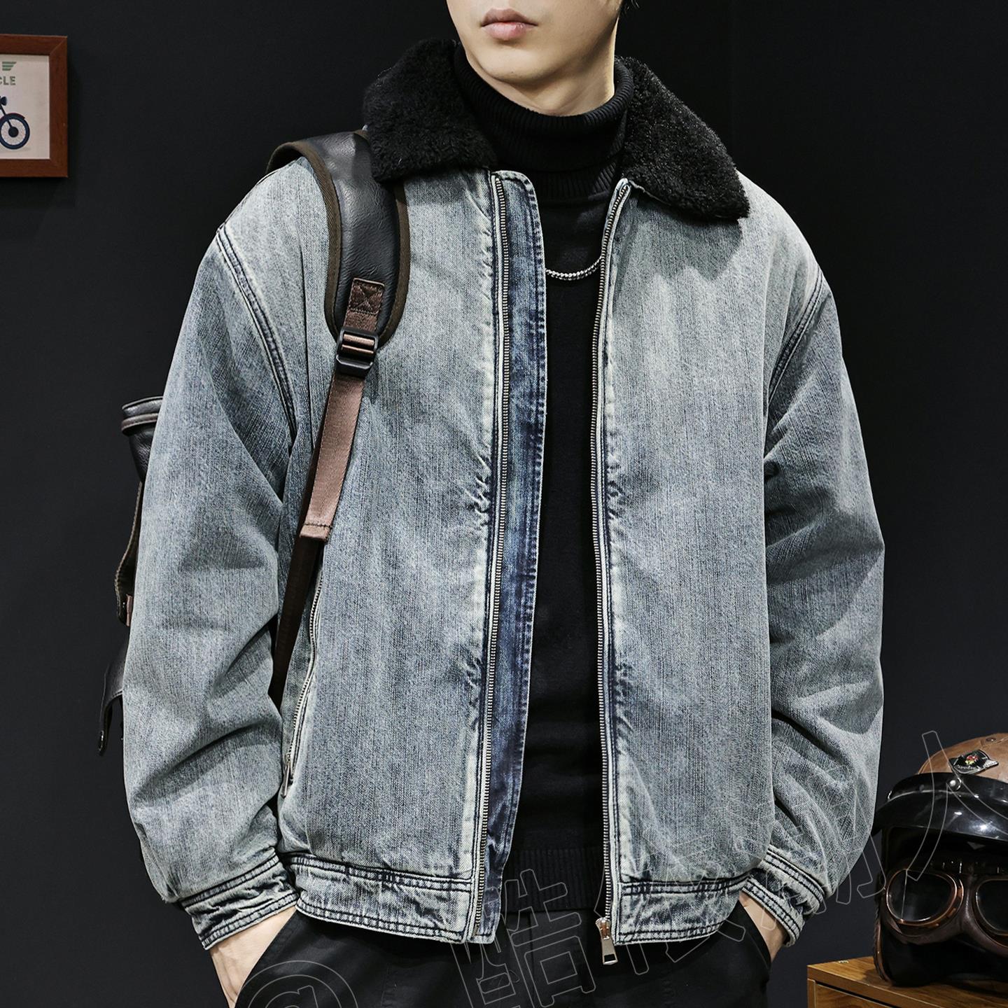 美式复古毛领牛仔棉衣男加厚保暖外套冬季棉袄