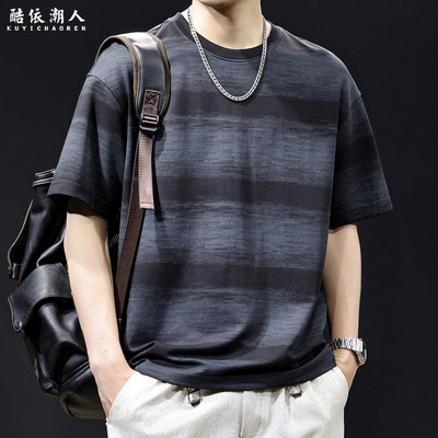 渐变条纹冰感科技棉短袖T恤男2026新款宽松大码夏季美式体恤衣服
