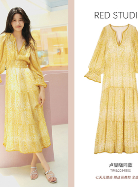 卢昱晓同款黄色碎花雪纺连衣裙超仙时尚减龄度假风长裙飘逸仙女裙