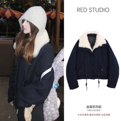 赵露思同款藏青色山羊绒毛领羽绒服外套女短款保暖白鸭绒派克服潮