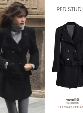 ranran同款黑色修身毛呢外套女可拆卸下摆赫本风收腰加厚呢子大衣