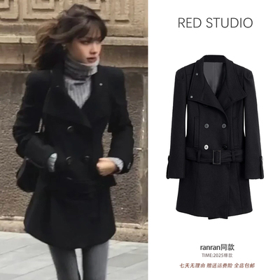 ranran同款黑色修身毛呢外套女可拆卸下摆赫本风收腰加厚呢子大衣