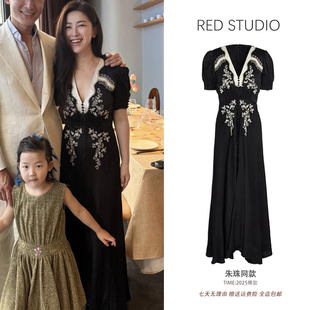朱珠同款黑色V领修身连衣裙女轻奢时尚重工刺绣钉珠礼服长裙子夏