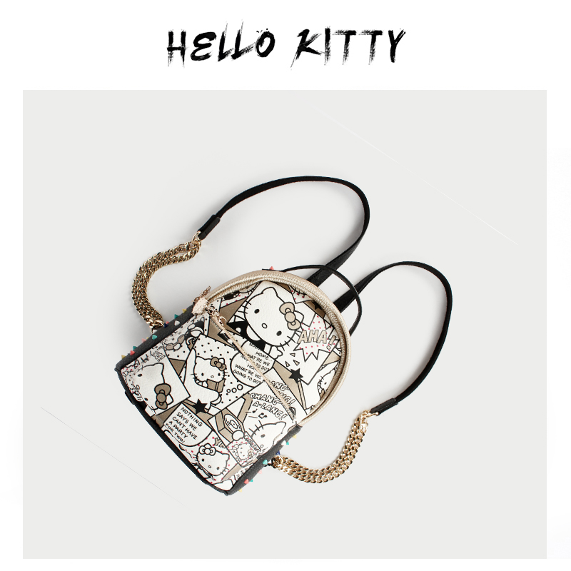 hellokitty女包正品雙肩包金色鉚釘鏈條韓版卡通女學生包可愛印花