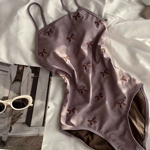 【摩卡咖啡】泳衣韩版小众连体游泳竞速显白小胸刺绣蝴蝶结泳装