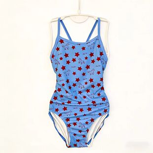 小马竞速三角条纹高端游泳连体运动训练保守泳衣 单层无胸垫