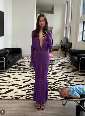 美国购jis同款紫色棕色polo衬衫领子垂坠感气质长裙Emb Dress