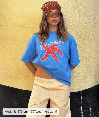 西班牙购买！Mg红色海星蓝色宽松大半袖 T-shirt