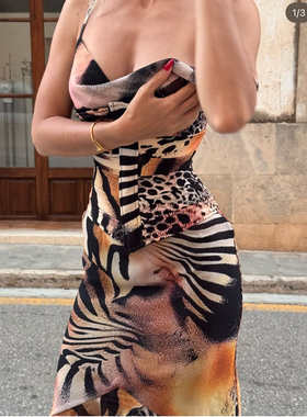 欧洲购买动物图案纹理束腰高开叉吊带长裙Anit Dress
