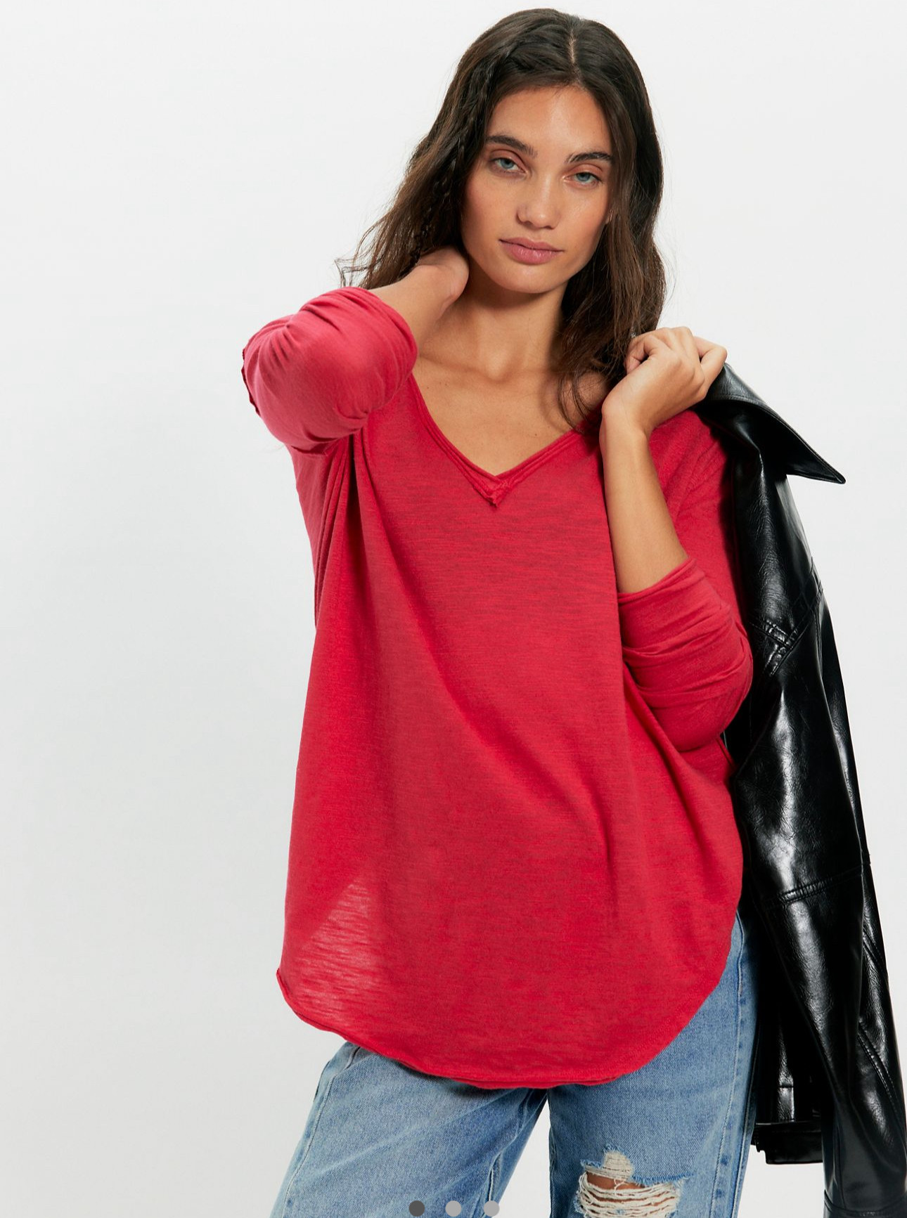 美国购买多色深v长袖微透打底衫慵懒舒服长款上衣real one