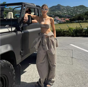 美国代购helsa美拉德棕色条纹慵懒短款衬衫 内衣吊带阔腿裤