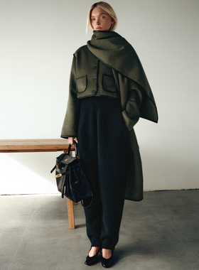 美国代购elsahosk老钱风黑色走线短款外套带围脖