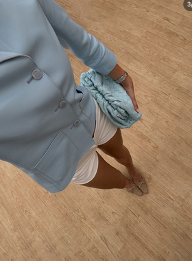 美国代购cal同款真皮蓝色黑色拼接修身气质夹克西装外套