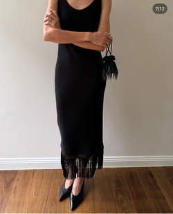 长裙礼服裙 背心无袖 美国购买黑色流苏装 饰下摆流苏