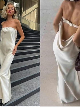 美国购elsahosk绸缎质感抹胸女神露背绑带长裙