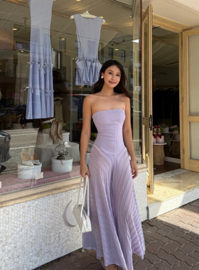 美国购elsa紫色波浪纹抹胸微透长裙purl dress