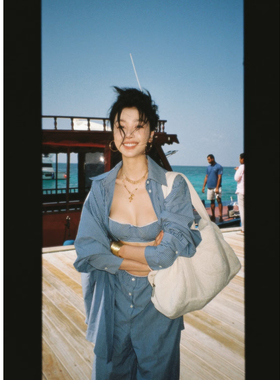 衬衣裤子现美国代购elsa蓝色条纹宽松平口吊带慵懒休闲条纹长裤