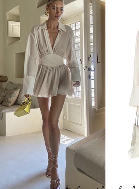 s现货！美国代购elsahosk同款白色网纱面料透视衬衫收腰迷你裙