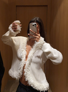 美国购买白色针织流苏毛毛边开衫外套melo cardigan