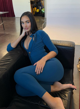 美国代购prix蓝色七分袖运动夹克 背心吊带打底裤