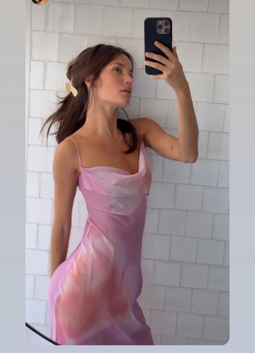 英国购买粉色真丝花朵荡领吊带长裙Ci Dress