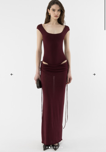 丹麦代购酒红色连体衣网纱长裙CUT OUT DRESS