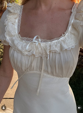 美国购买蕾丝花边大领口设计小泡泡袖收腰长裙leieru dress