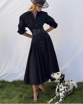 美国购elsahosk黑色长袖衬衫裙腰带连衣裙