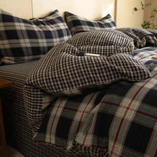 复古格子全棉双层纱四件套纯棉床单被套轻奢高级感主卧室床上用品