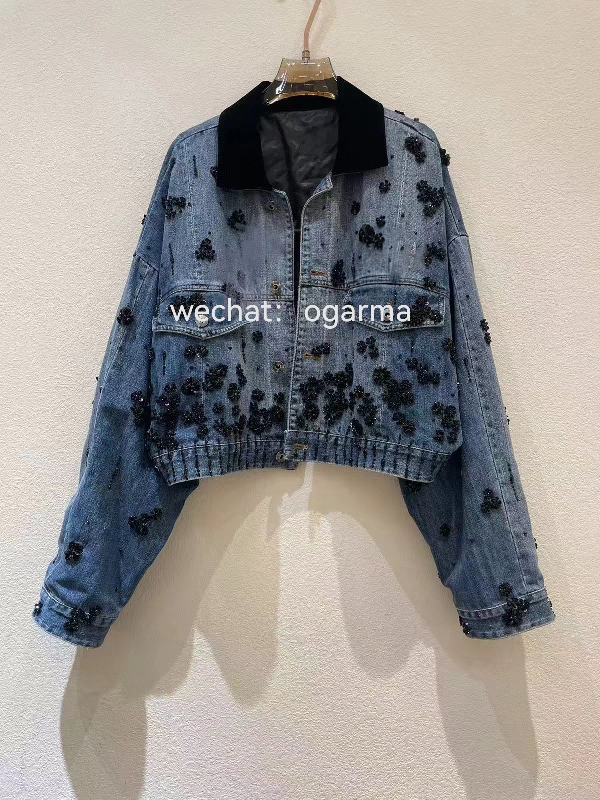 重工钉珠镶钻牛仔套装女 丝绒翻短外套