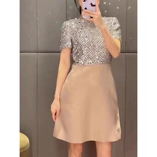 柜上高货震撼奢华礼服闪瞎璀璨绚烂珠片重工镶钻香槟色丝毛连衣裙