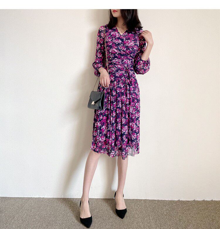 2022夏新款雪绒花印花高端蓝粉色气质网纱弹力显瘦连衣裙