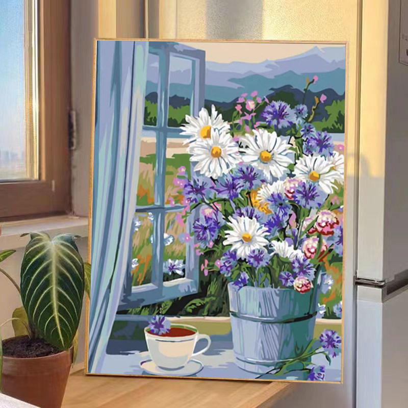 数字油画蓝调雏菊手绘diy画画欧式花卉简约水彩填色油画自绘挂画