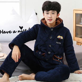 男大童睡衣冬季加绒加厚珊瑚绒三层夹棉袄青少年初中生保暖家居服