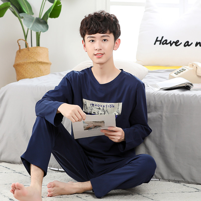 青少年睡衣男孩春秋季长袖纯棉薄款初中学生中大童全棉家居服套装