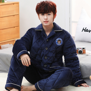 大童睡衣男孩冬季珊瑚绒加厚加绒三层夹棉初中生15岁青少年家居服