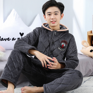睡衣男大童冬季加绒加厚三层夹棉袄珊瑚绒青少年保暖初中生家居服