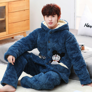 睡衣男大童冬季珊瑚绒加厚加绒三层夹棉袄青少年15岁初中生家居服