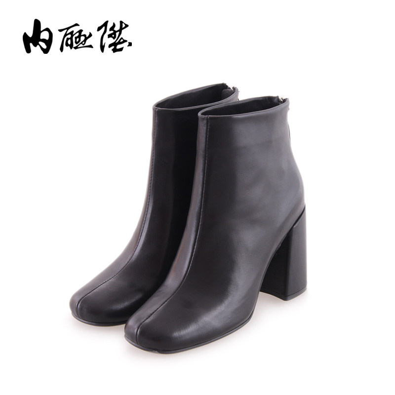 内联升女鞋秋冬季真皮粗跟马丁靴女短靴胎牛皮方头高跟靴4758C