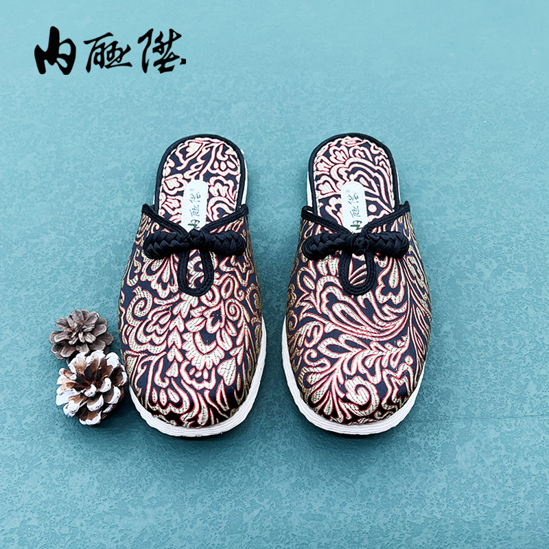 内联升手工千层底家居织锦男拖鞋