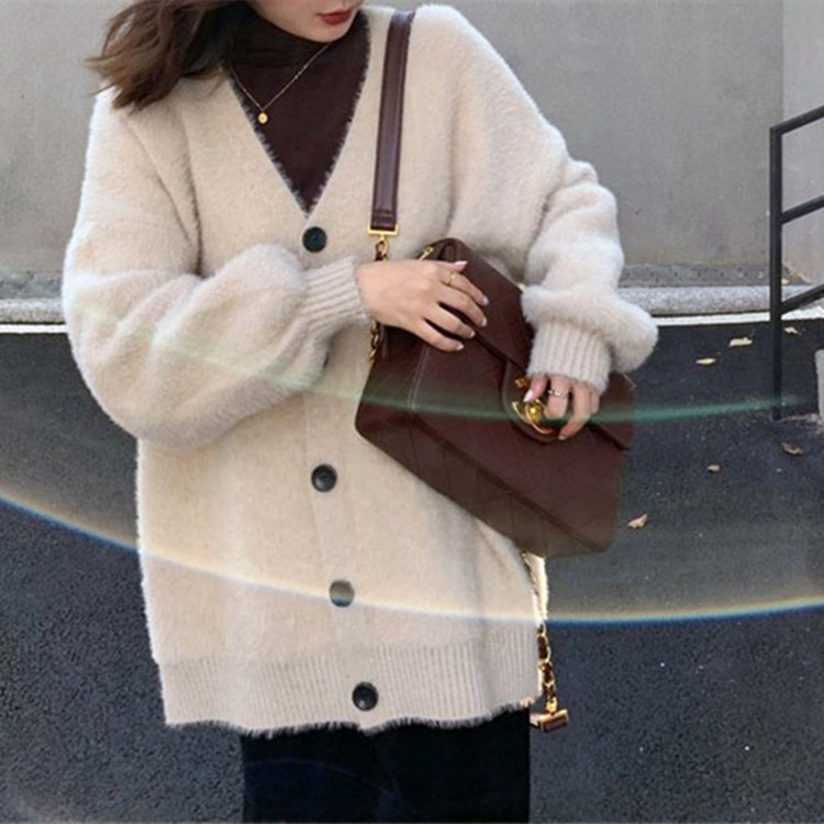 韩版宽松慵懒风V领针织毛衣