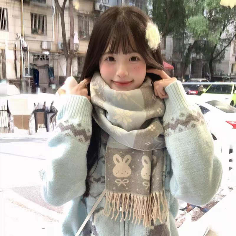 冬日雪兔~可爱蓝色提花刺绣围巾女冬季新款保暖披肩围脖披肩学生